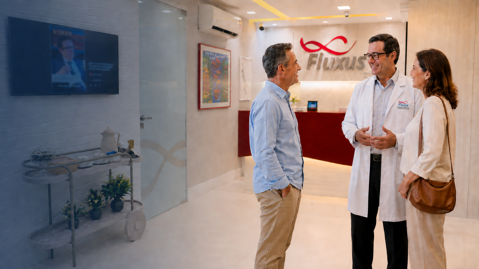 Equipe da Clínica Fluxus recebendo um casal de pacientes na recepção